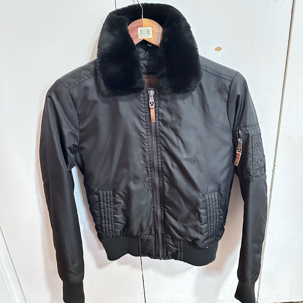 Black Bomber Jacket with Faux Fur Collar